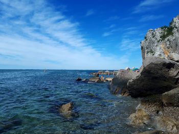 Scenic view of sea against blue sky