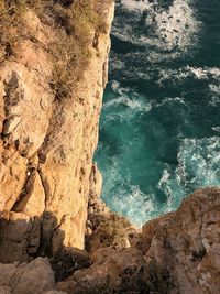 High angle view of rock formations on shore