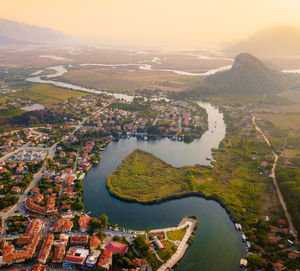 Dalyan lagoon in the aegean sea drone photo, ortaca mugla turkey