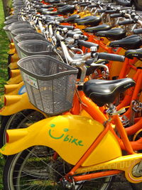 High angle view of bicycles in parking lot