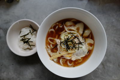 High angle view of soup in bowl