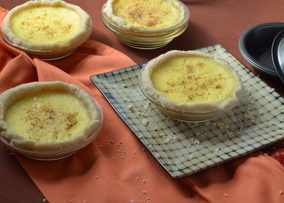 High angle view of dessert on table