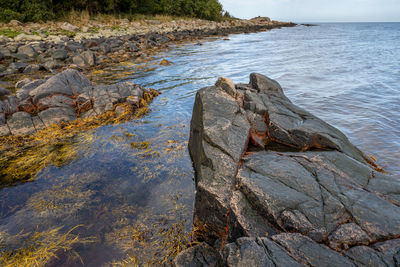 High angle view of rocks on beach against sky