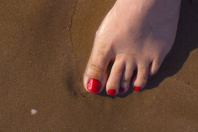 Low section of woman wearing shoes on sand