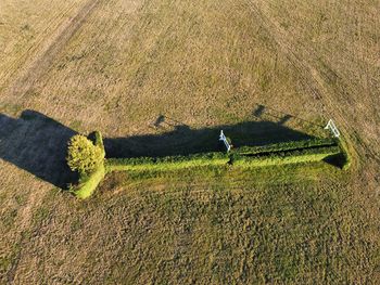 High angle view of man walking on field