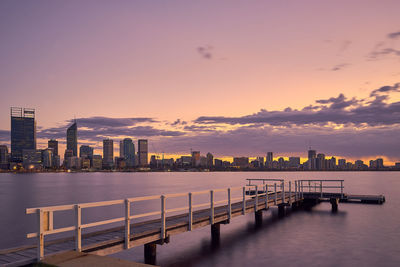 Scenic view of river and cityscape against sky during sunset