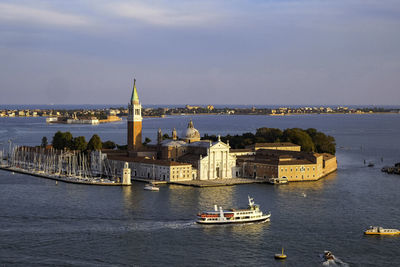 Aerial panoramic view of venice, san giorgio maggiore church and the lagoon 