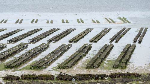 High angle view of wet land during winter