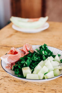 High angle view of salad in bowl on table