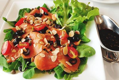 High angle view of chopped vegetables in bowl on table