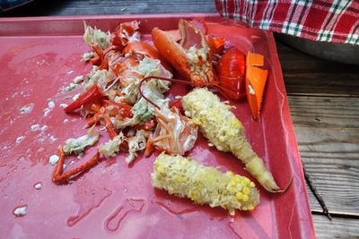 High angle view of food in plate on table