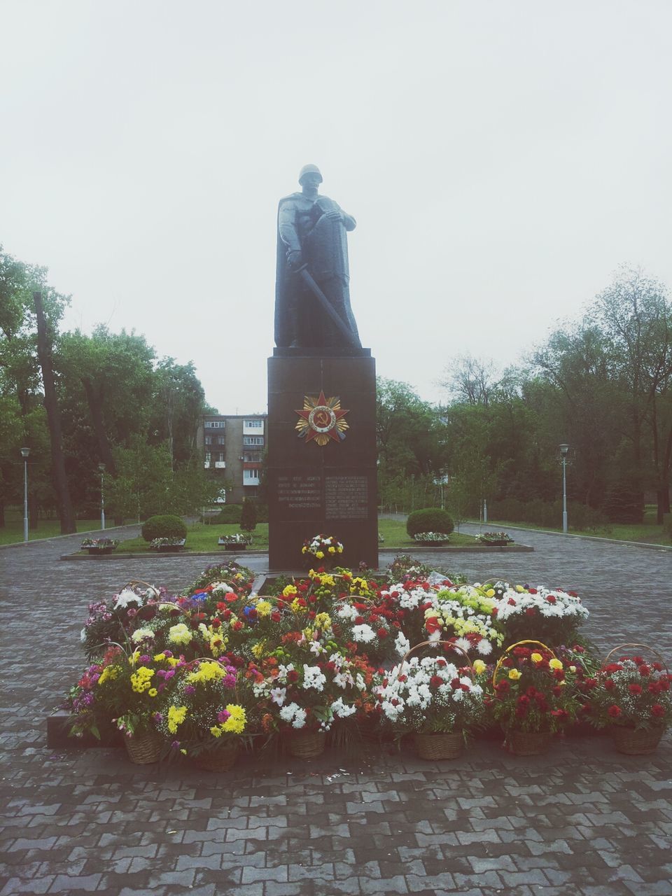 flower, growth, tree, freshness, plant, clear sky, nature, beauty in nature, park - man made space, fragility, potted plant, outdoors, day, decoration, formal garden, multi colored, incidental people, no people, blooming, art and craft