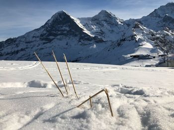 Scenic view of snow covered mountains