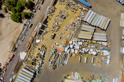 Aerial view industry recycle old machine technician separate classification part of irons metals