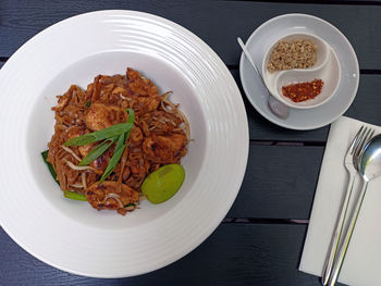 High angle view of meal served on table