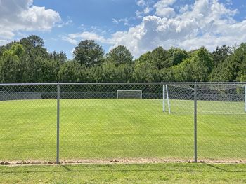 Scenic view of soccer field against sky