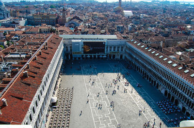 High angle view of buildings on sunny day in city