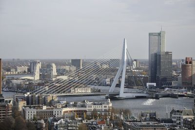 View of suspension bridge in city