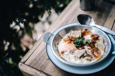 High angle view of breakfast served on table