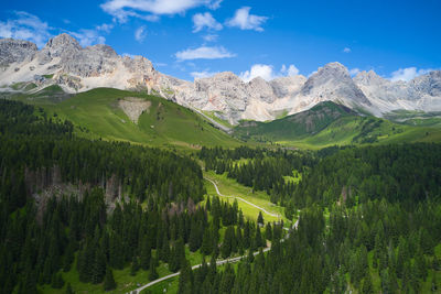 Aerial view of the dolomites and forest of the trentino pilgrim pass