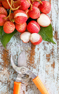 High angle view of strawberries on table