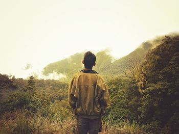 Rear view of man looking at mountains