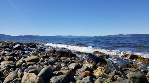 Scenic view of sea against clear blue sky