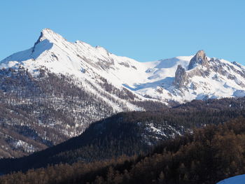 Scenic view of snowcapped mountains against clear sky