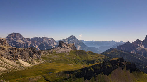 Scenic view of snowcapped mountains against clear sky