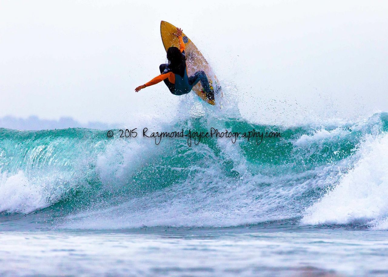 water, sea, splashing, waterfront, motion, wave, surf, horizon over water, clear sky, speed, nature, surfing, one animal, copy space, spraying, animal themes, beauty in nature, day, flying, rippled