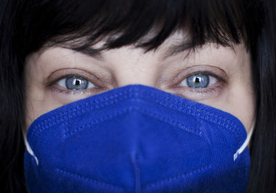 Close-up portrait of mid adult woman with blue eyes and protective face mask