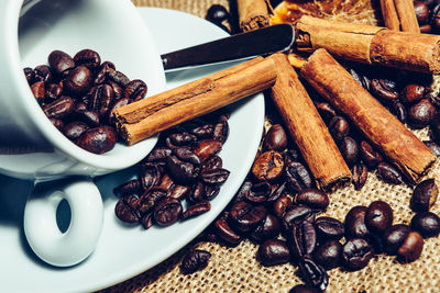 High angle view of coffee beans on table