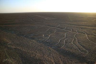 Famous large ancient geoglyphs nazca lines as seen from the observation tower, nazca desert of peru