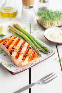 High angle view of meal served in plate on table