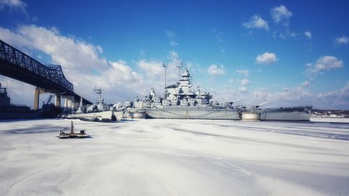 View of destroyer against sky during winter