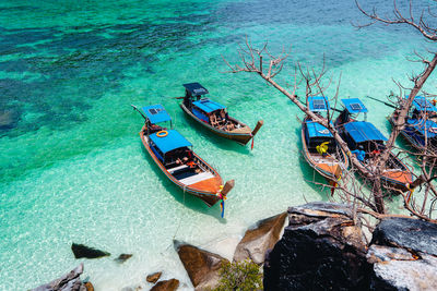 High angle view of boats in sea