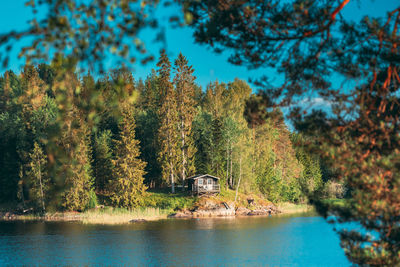 Scenic view of lake by trees against sky