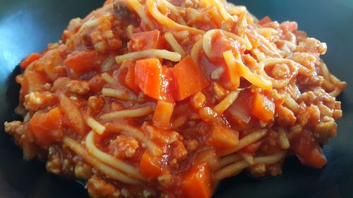 High angle view of chopped vegetables in plate