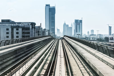 Railroad tracks amidst buildings in city against sky