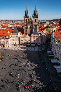 Aerial view of prague with our lady of tyn church in old town square 