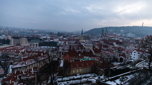 High angle view of townscape against sky during winter