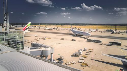 High angle view of airport runway against sky