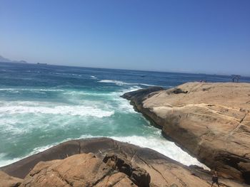 Scenic view of sea against clear blue sky