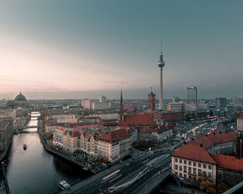 High angle view of buildings in city