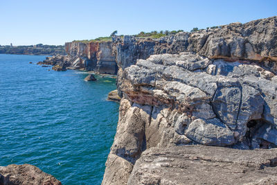 Rock formations by sea against clear blue sky