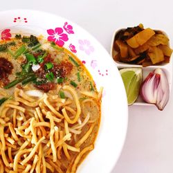 High angle view of pasta in plate on table