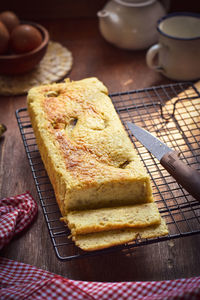 Close-up of banana cake on table