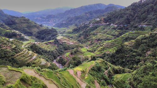 High angle view of green landscape against sky