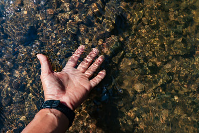 High angle view of hand touching water