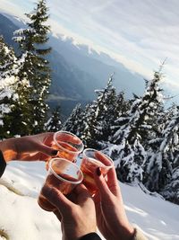 Close-up of hands toasting drink against mountains